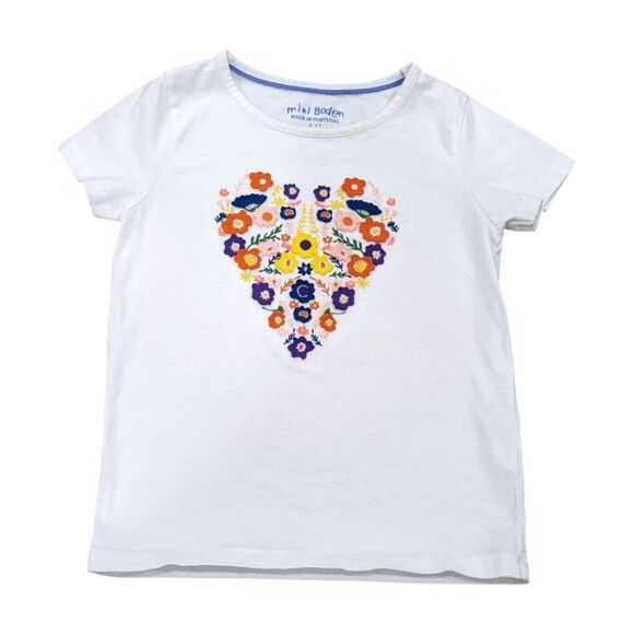 Mini Boden White Floral Flower Heart Embroidered Applique T-shirt Girls 3T 4T - Picture 7 of 7